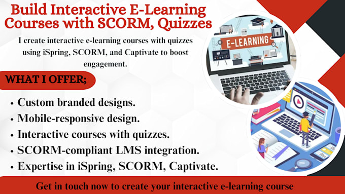 Gig Preview - Design interactive elearning course with quizzes using ispring, scorm, captivate