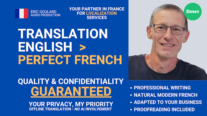 Gig Preview - Translate from english to french translation business, localization, marketing