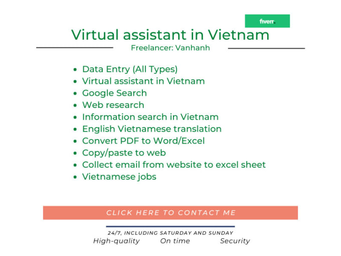 Gig Preview - Be a virtual assistant and data entry in vietnam