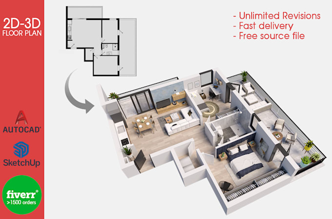 Gig Preview - Convert 2d to 3d floor plan in 8 hrs