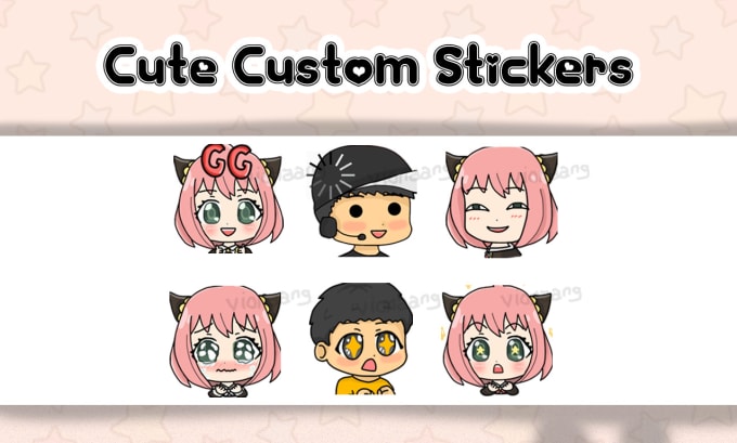 Twitch Emotes / 6 Cute chibi emoji emotes for streamers / kawaii brunette  girl stream emoji gg hype rage lol