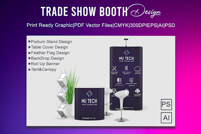 Gig Preview - Printable trade show booth, backdrop, kiosks, roll up banners for exhibition