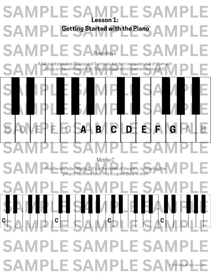 Gig Preview - Provide lesson 1 for beginner piano as a PDF worksheet