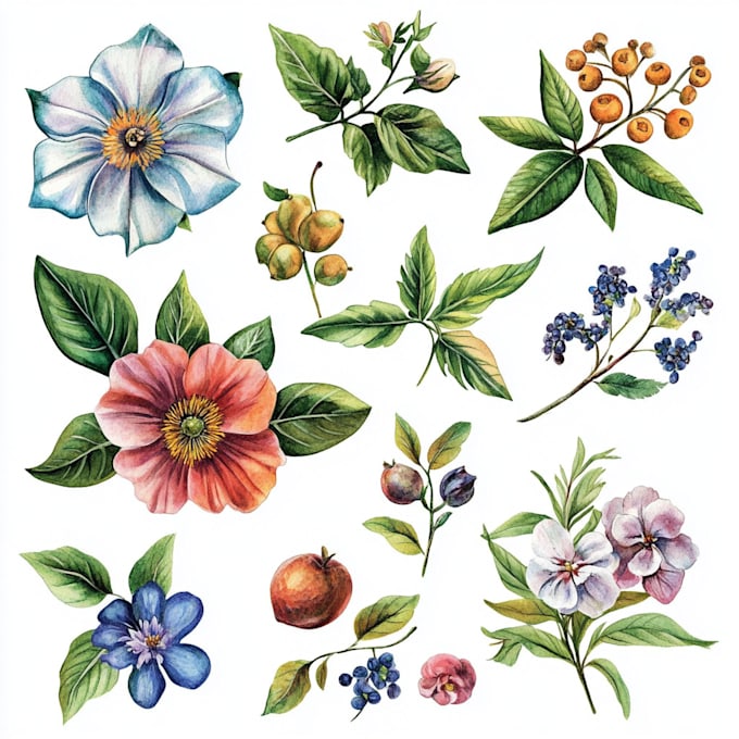 Gig Preview - Create digital botanical watercolor clipart of flowers, leaves, fruits, plants