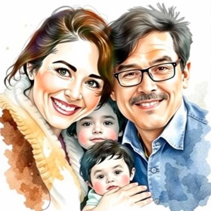 Gig Preview - Merge photos to watercolor family portrait illustration