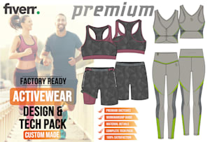 Realistic Clo3d designs of sportswear and activewear with tech pack