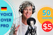 produce a female german voice over in a deep and charming voice