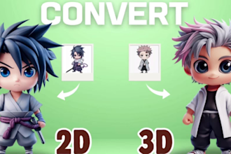 convert from 2d to 3d character modeling, cute people, and animal in blender