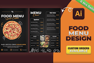 design stunning dinner, restaurant, and food menu cards with fast delivery