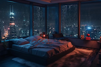 create natural sound rain video with a cozy room, cozy rain