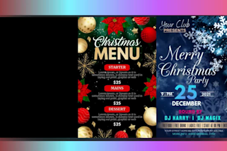 design christmas party flyer, holiday greeting card, christmas menu design,