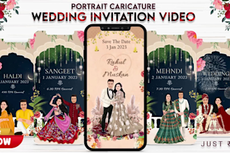 create a unique portrait caricature wedding invitation  video