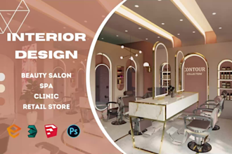 design a 3d interior decor for beauty salon, barber shop, clinic, spa, store