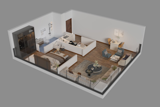 do isometric 3d floor plan, interior and exterior render