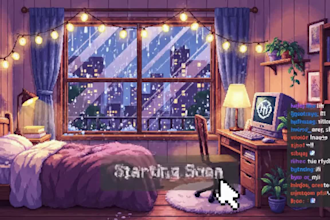 create a cozy animated pixel art stream overlay package for twitch