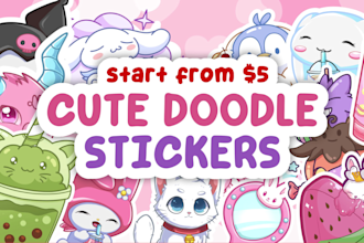 create cute kawaii doodles stickers design and sticker sheet