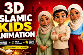 make 3d pixar style ai islamic kids learning video, quran animation for youtube