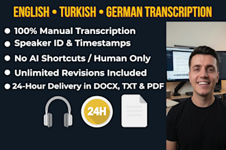 do english, german, turkish any audio and video transcription