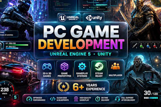develop custom 2d or 3d PC game in unreal engine and unity