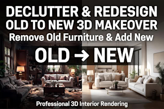 do realistic 3d virtual staging, remove old furniture add new for real estate