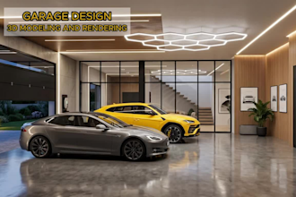 design a luxury garage, car showroom, carport and backyard