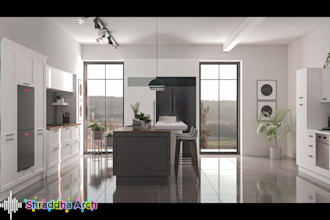 create home 3d interior with office and cafe interior design