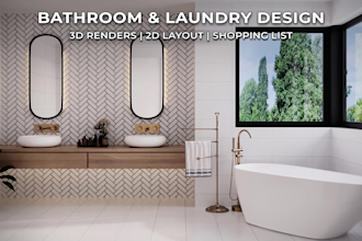 design 3d bathroom and laundry room with a shopping list