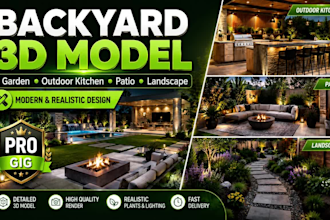 create 3d model for backyard garden, outdoor kitchen, patio and landscape idea