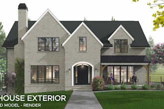 do 3d farmhouse, barndominium, tiny house, facade rendering