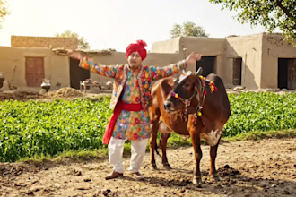 create a funny happy birthday video with a cow  and dancing man