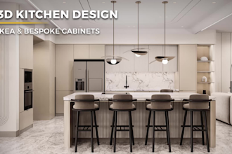 design a 3d kitchen interior, layout, and ikea cabinets