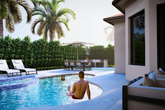 design backyard landscape, pool, patio, garden and terrace with realistic render
