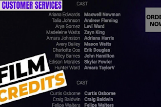 create opening, end, rolling, crawling credits  for film, movie within 4 hours