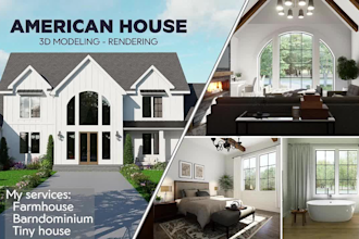 do 3d farmhouse, barndominium, tiny house, facade rendering