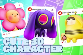 design cute 3d mascot characters for game, animation, and printing in cartoon