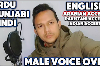 record english voice over in arabian accent, urdu, hindi, punjabi voice over too
