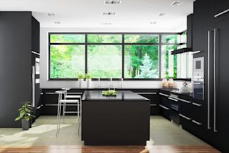 design 3d kitchen interior, render realistic modern kitchen design