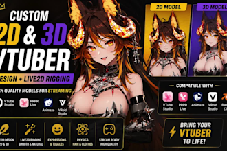 design and rig 3d, live2d vtuber model, anime styled 2d v tuber model, vroid