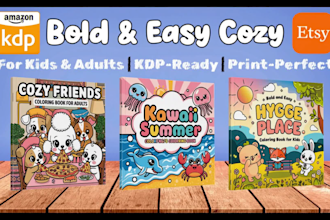 create a unique bold and easy cozy KDP coloring book for kids and adults