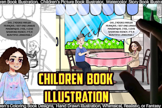 design hand drawn children book illustration, story picture book, whimsical kids