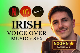 record irish voiceover in studio with music and sound design