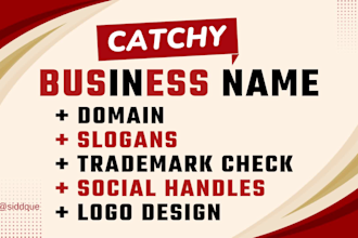 create 10 catchy business name, brand name, company name, tagline and logo