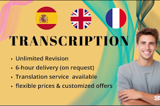 do english, spanish or french transcription of any audio file or video