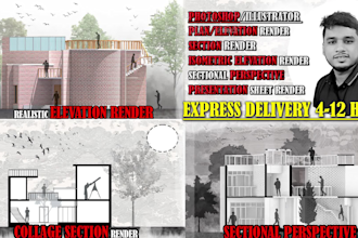 render 2d architectural floor plan, elevation, section, masterplan in photoshop
