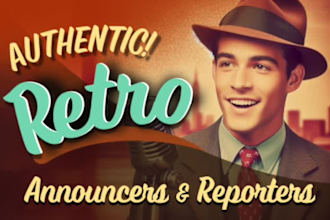 do retro announcer, news reporter, vintage radio tv podcast voice over, narrator