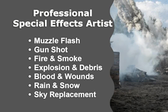 create gunshot, fire, blood, rain, smoke, explosion