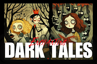 draw children book illustrations with a poetic and dark art style