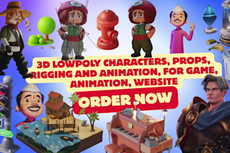 make lowpoly 3d character, props, rigging animation for game, website in blender
