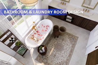 create realistic 3d interior renderings for bathroom design and the laundry room