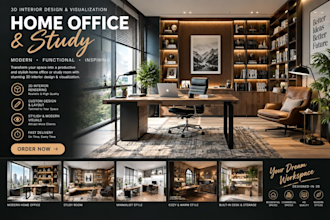 design realistic home office, workspace and study room interior 3d rendering